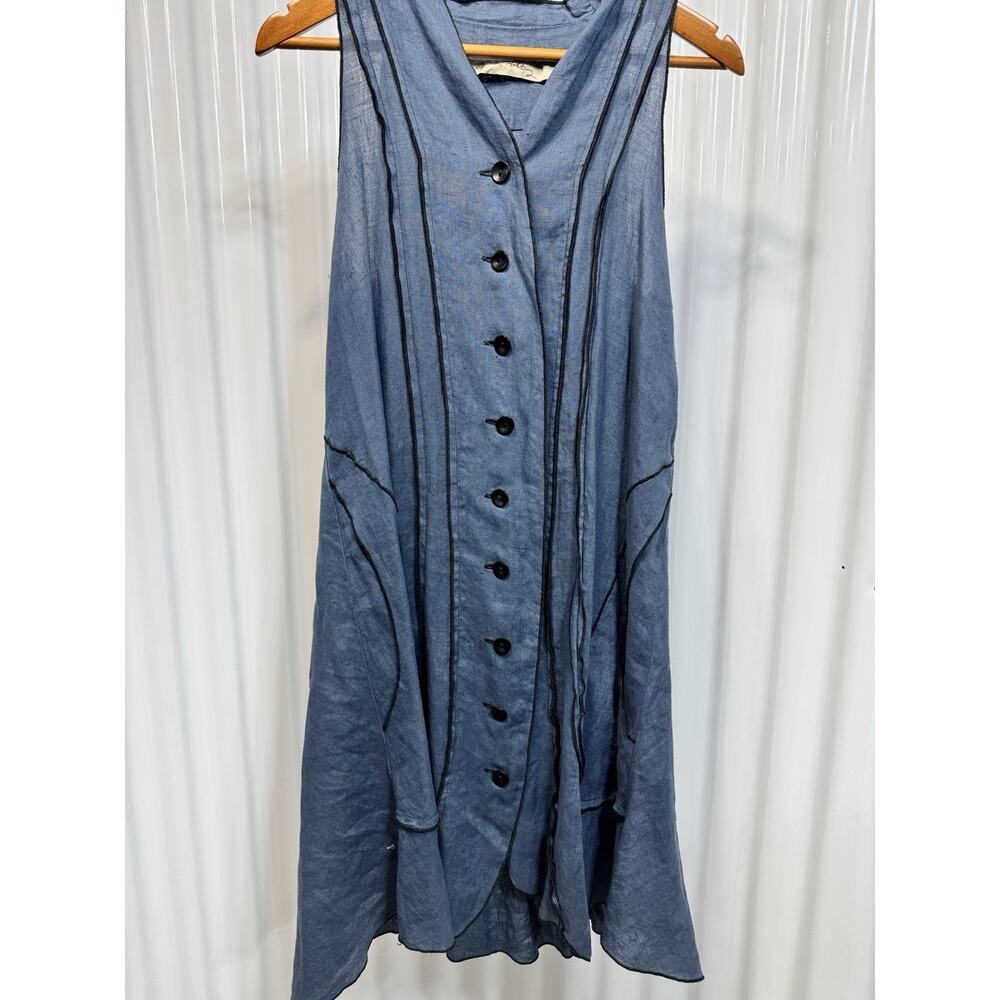 Cynthia Ashby Slate Blue Linen Dress With Raised Black Trim Size Small